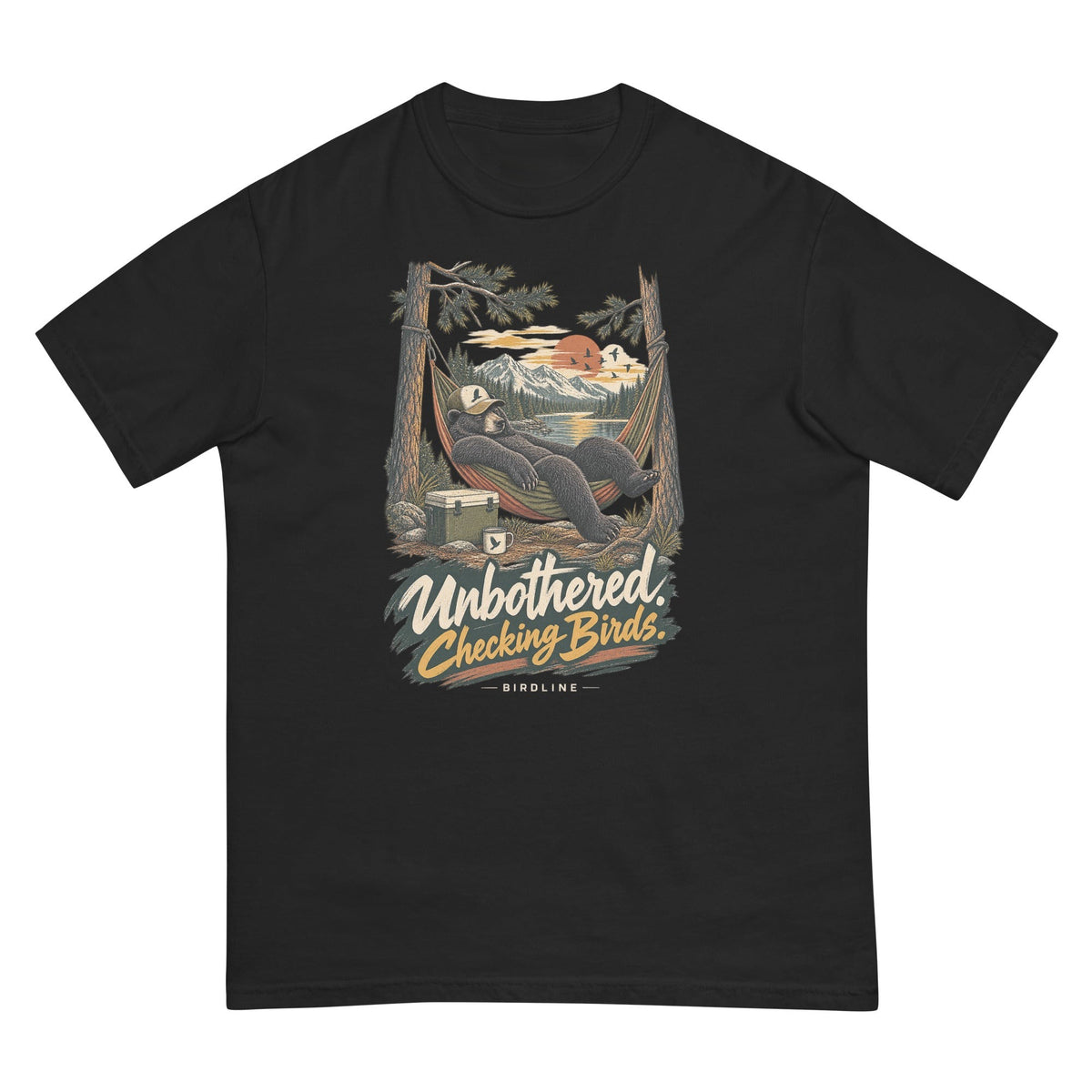 Unbothered Checking Birds Bear Hammock T-Shirt premium-quality garment detail