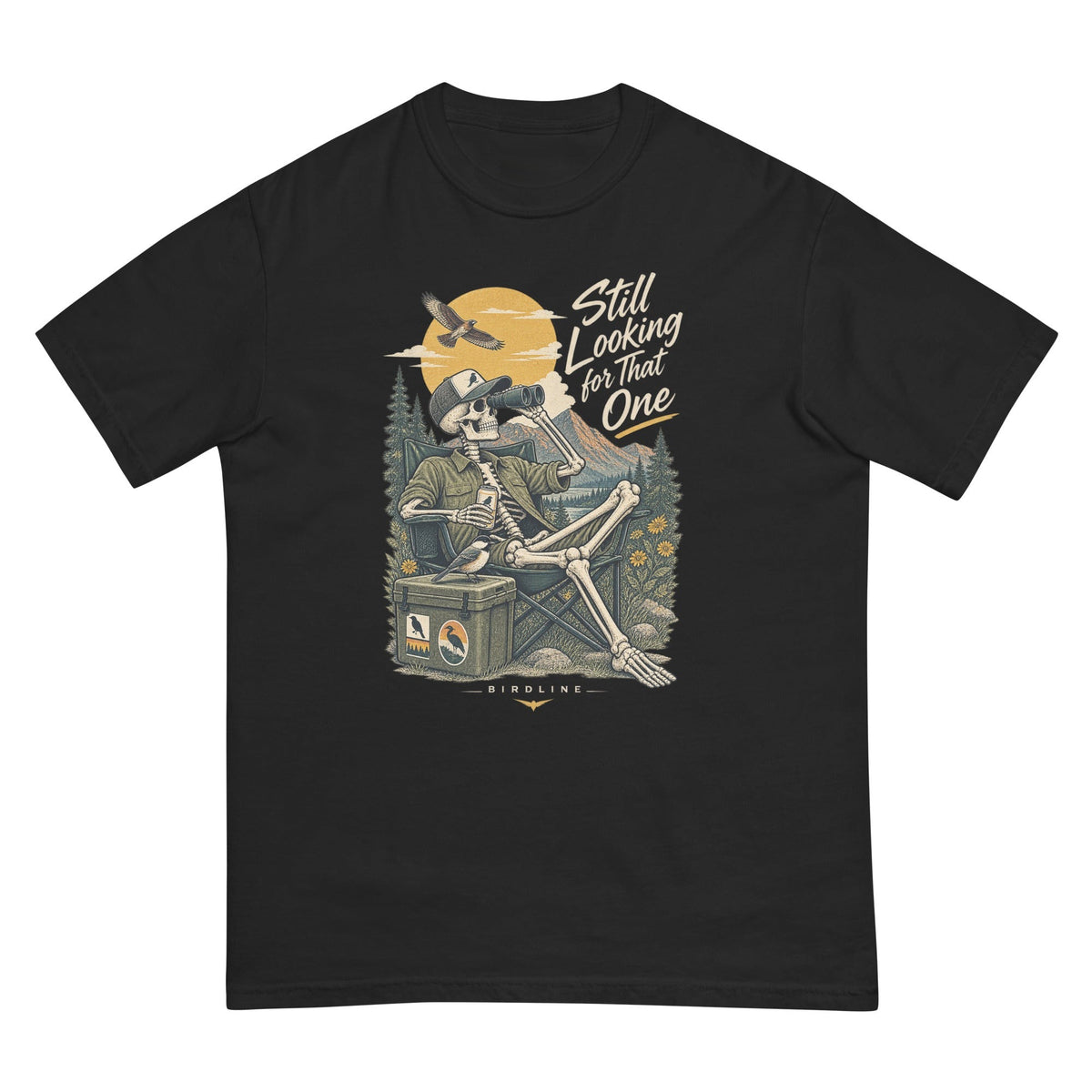 Still Looking for That One Skeleton Birdwatcher T-Shirt premium-quality garment detail