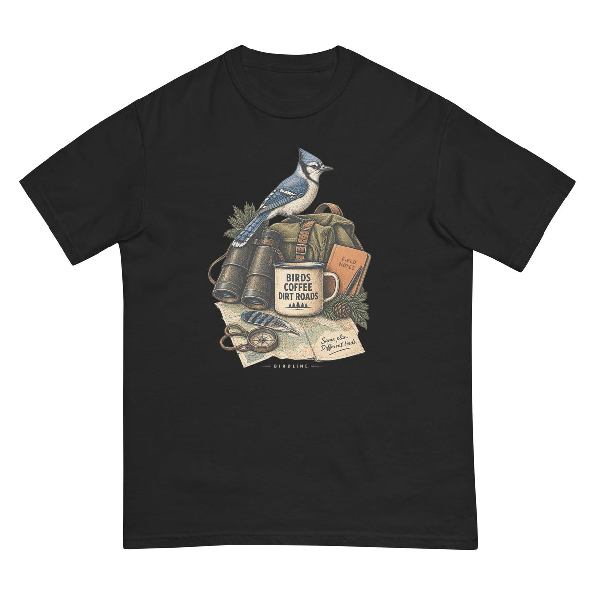 Birds Coffee Dirt Roads Bluejay Field Kit T-Shirt premium-quality garment detail