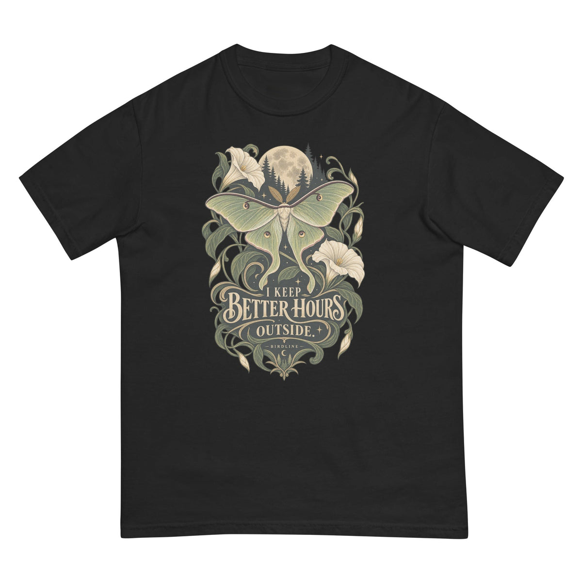 I Keep Better Hours Outside Moth T-Shirt premium-quality garment detail