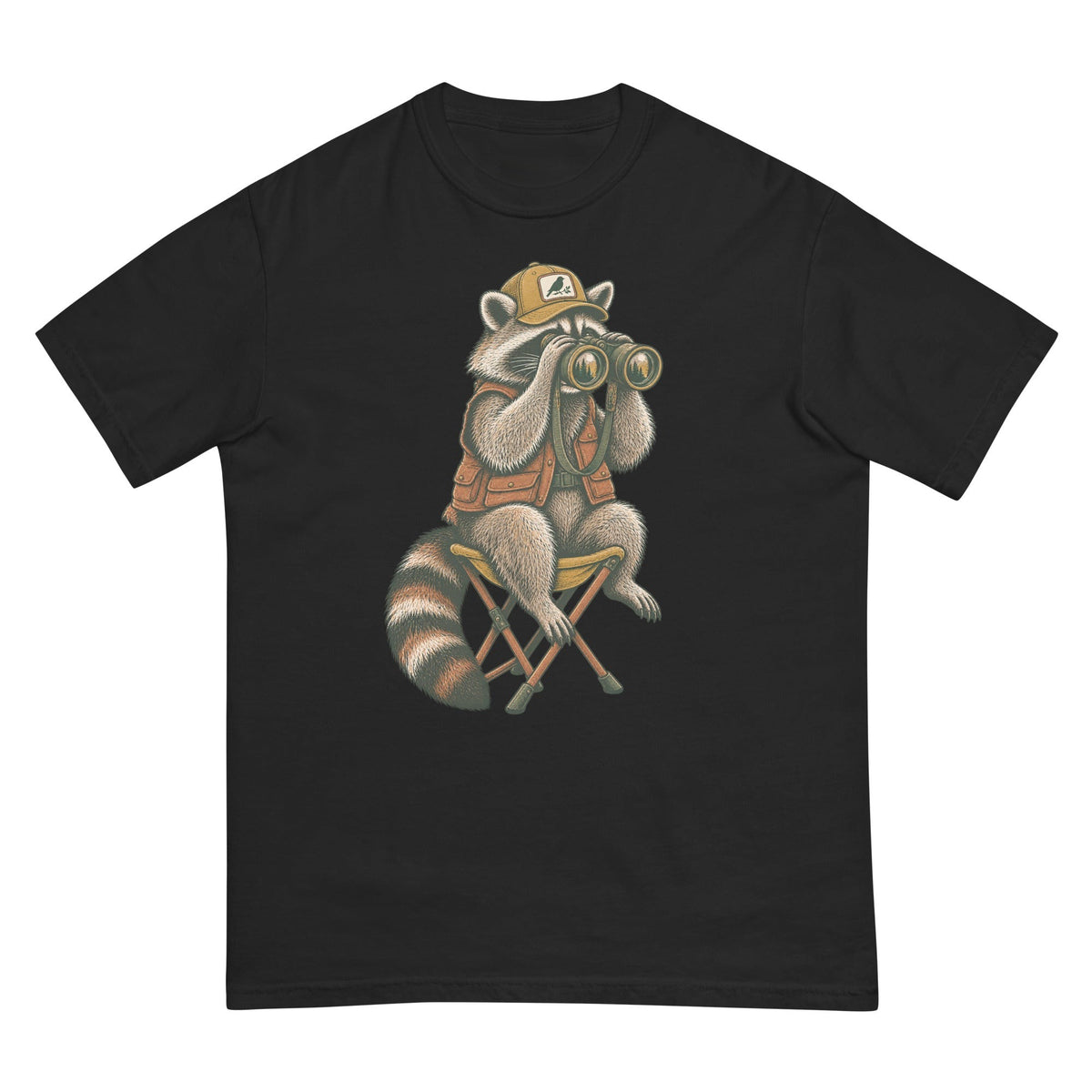 Raccoon Binoculars Chair T-Shirt premium-quality garment detail