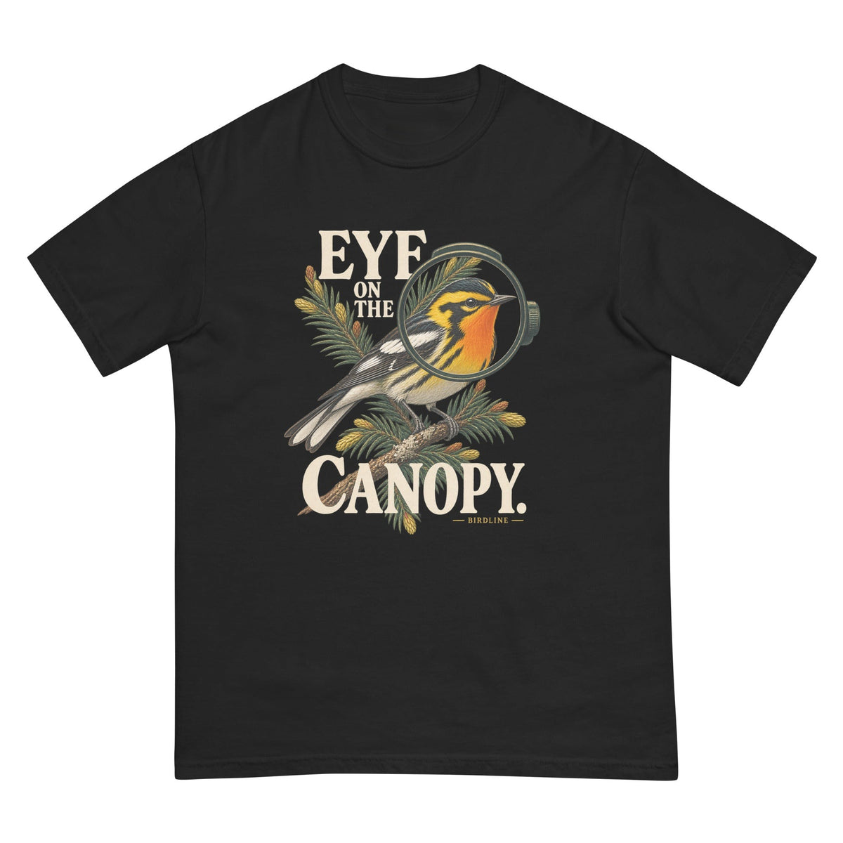 Eye on the Canopy Warbler T-Shirt premium-quality garment detail