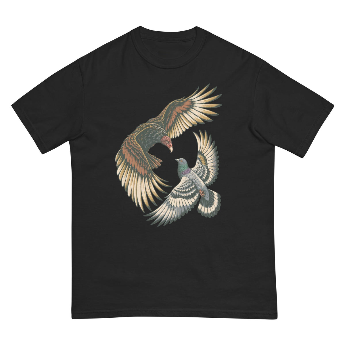Hawk and Pigeon in Flight T-Shirt premium-quality garment detail