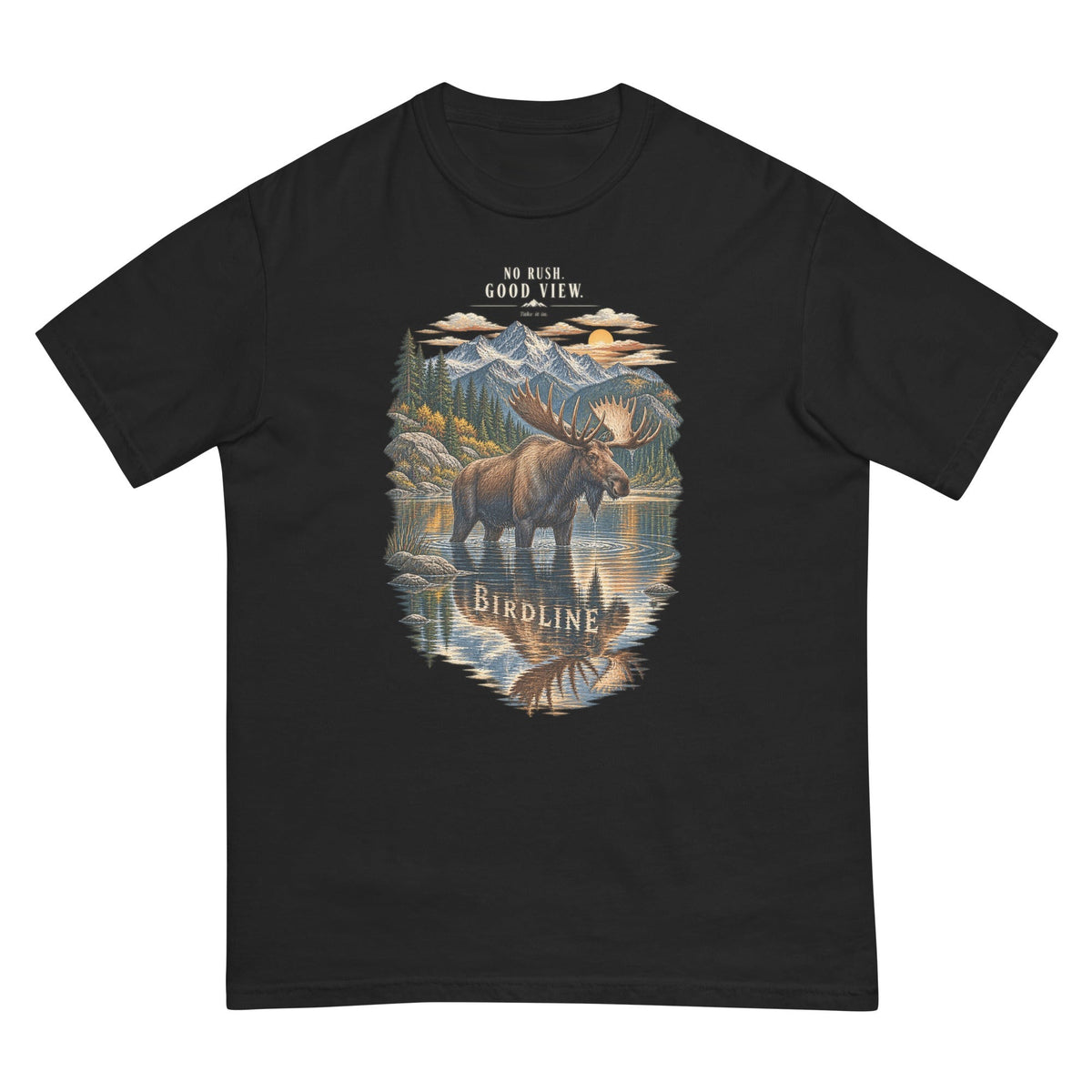 No Rush Good View Moose T-Shirt premium-quality garment detail