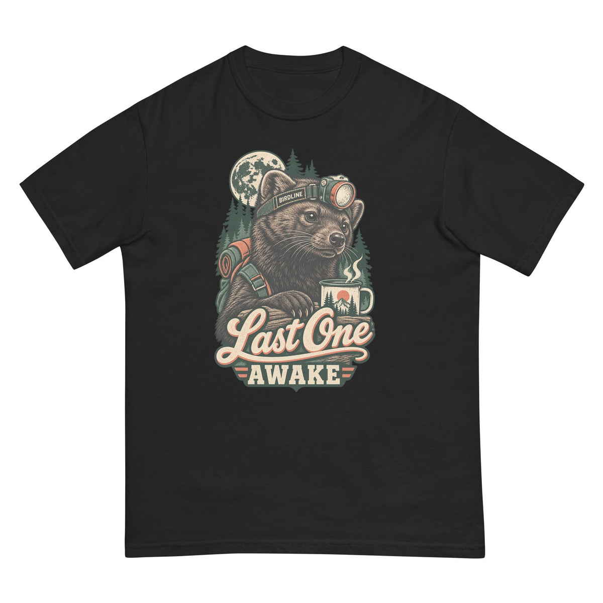 Last One Awake Raccoon Headlamp T-Shirt premium-quality garment detail