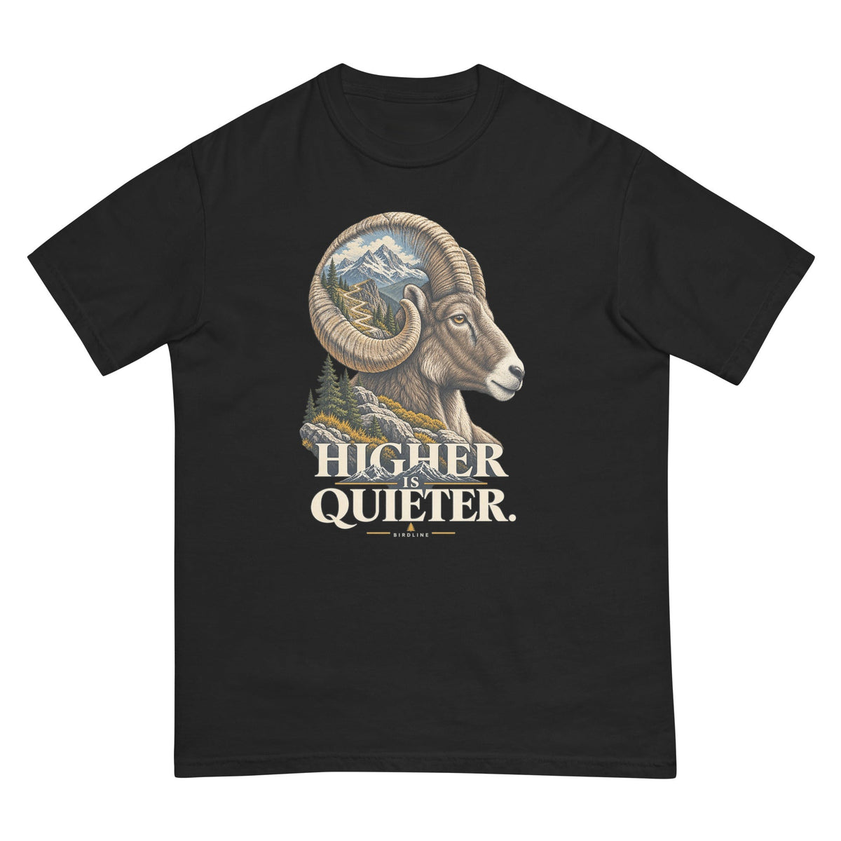 Higher is Quieter Bighorn Sheep T-Shirt premium-quality garment detail