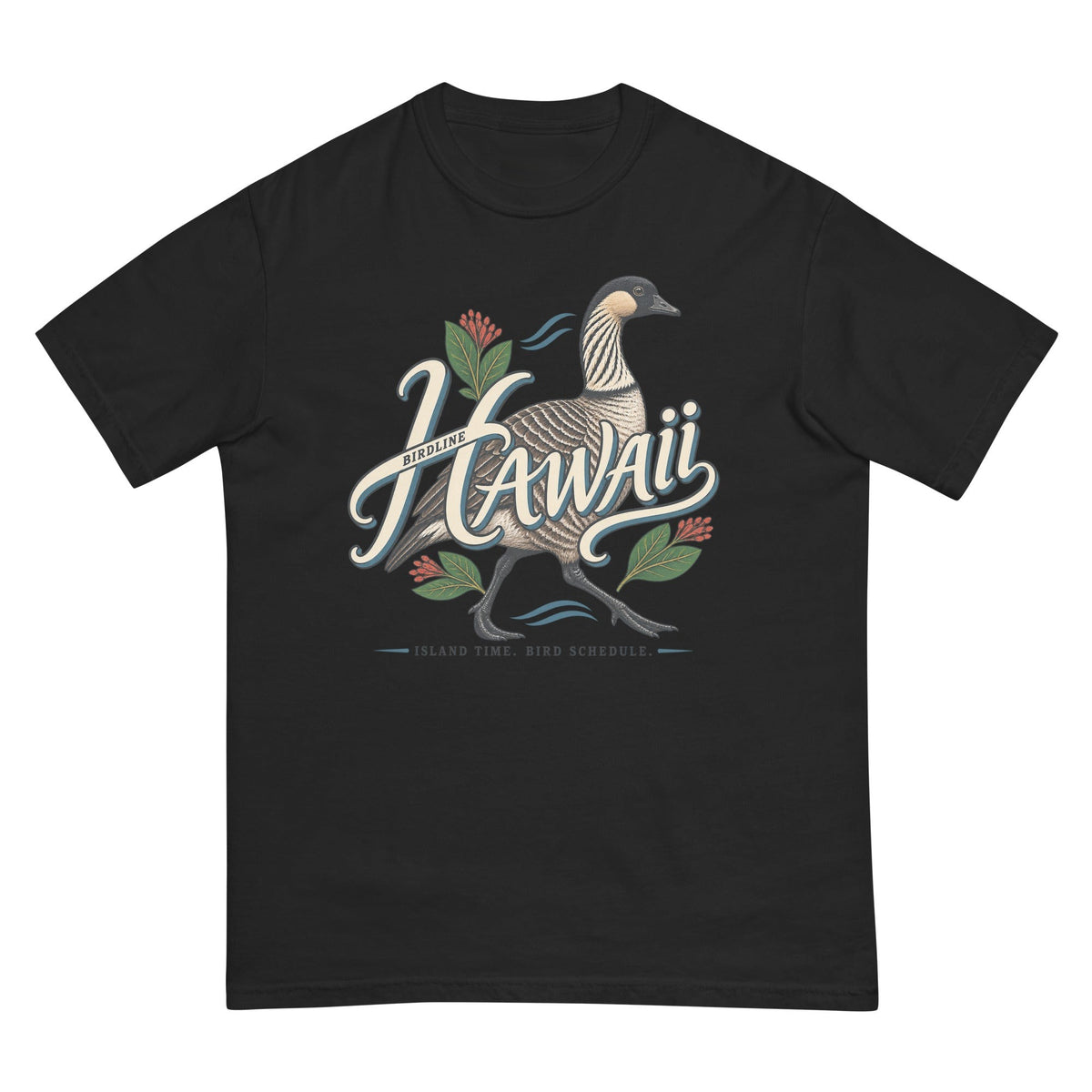 Hawaii Island Time Bird Schedule Nene T-Shirt premium-quality garment detail