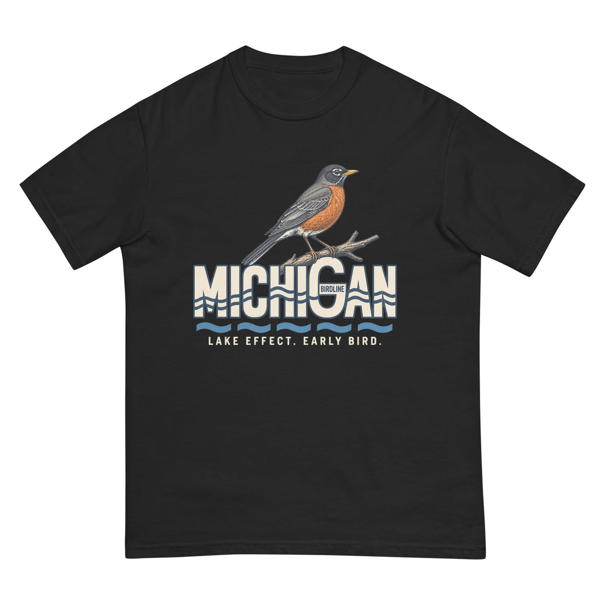 Michigan Lake Effect Early Bird Robin T-Shirt premium-quality garment detail