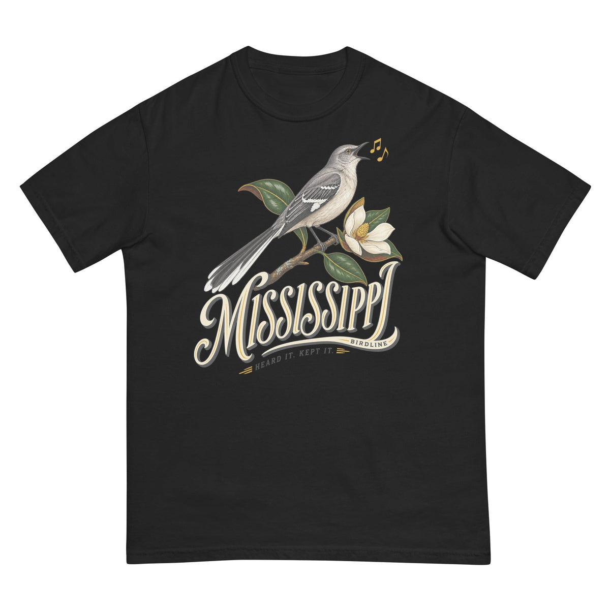 Mississippi Heard It Kept It Mockingbird T-Shirt premium-quality garment detail