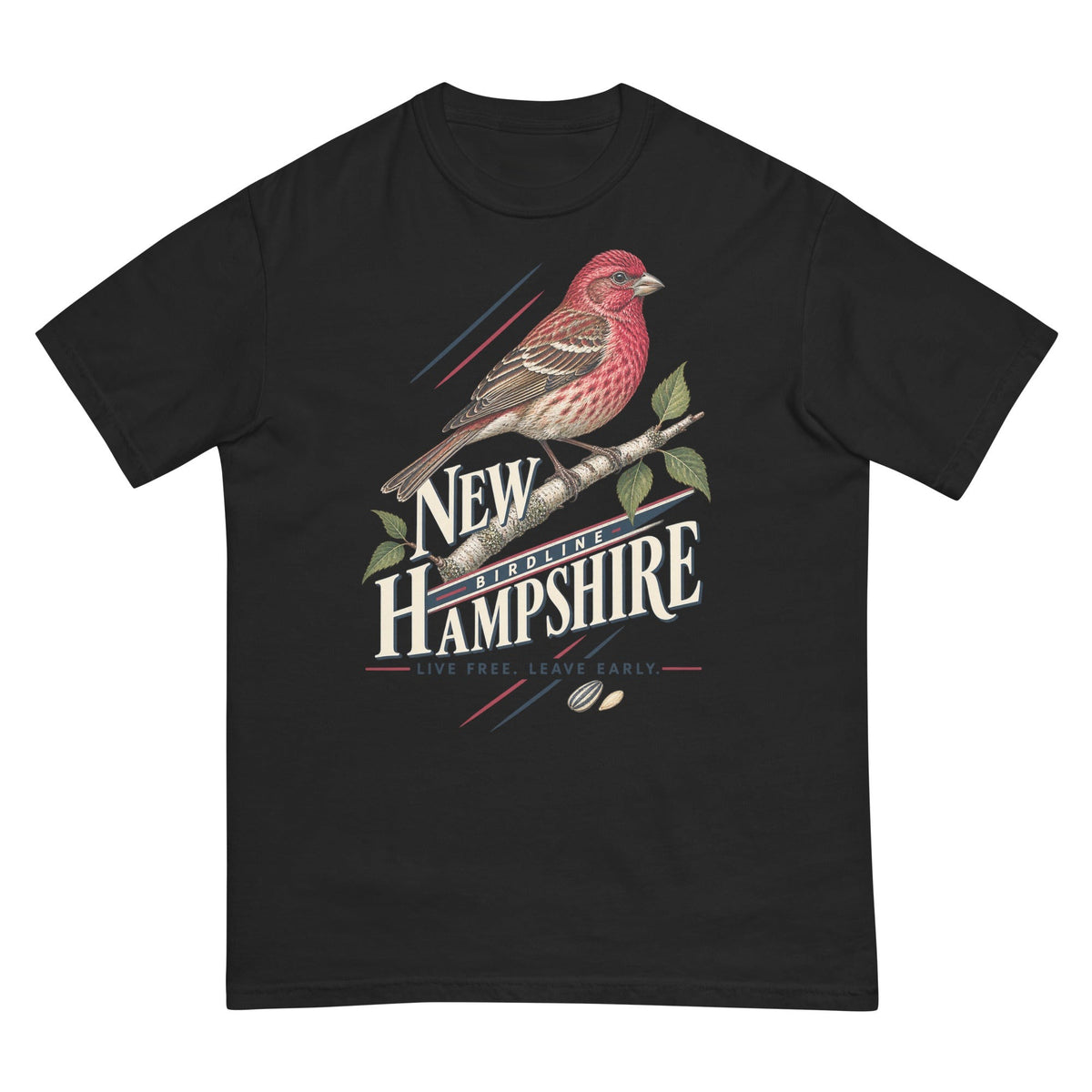 New Hampshire Live Free Leave Early Finch T-Shirt premium-quality garment detail