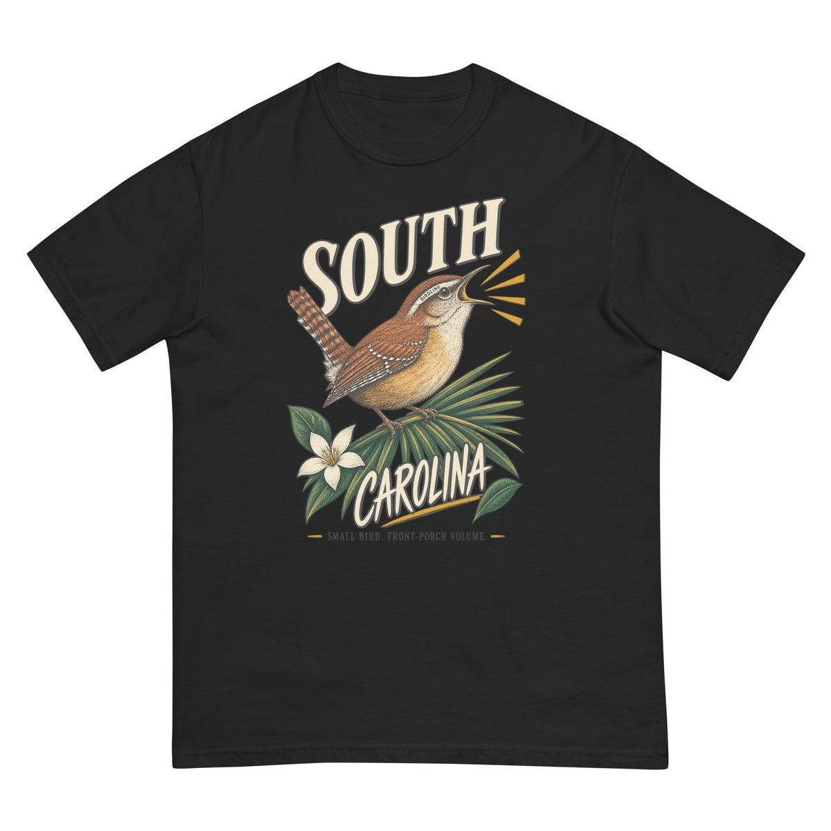 South Carolina State Bird Front Porch Volume Wren T-Shirt premium-quality garment detail