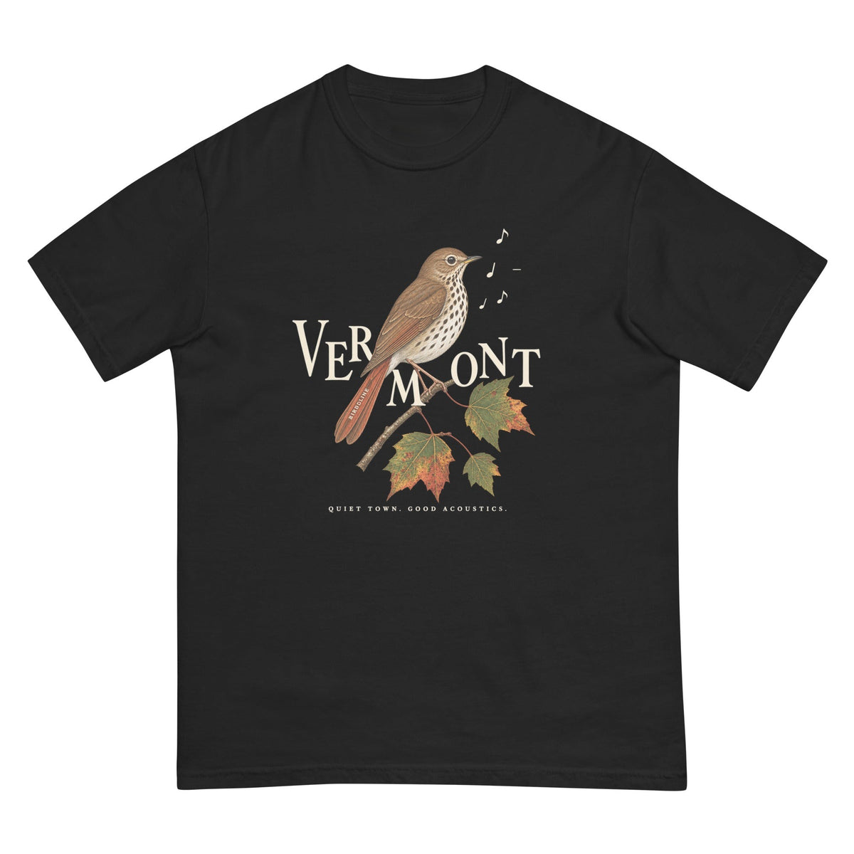 Vermont Quiet Town Good Acoustics Thrush T-Shirt premium-quality garment detail