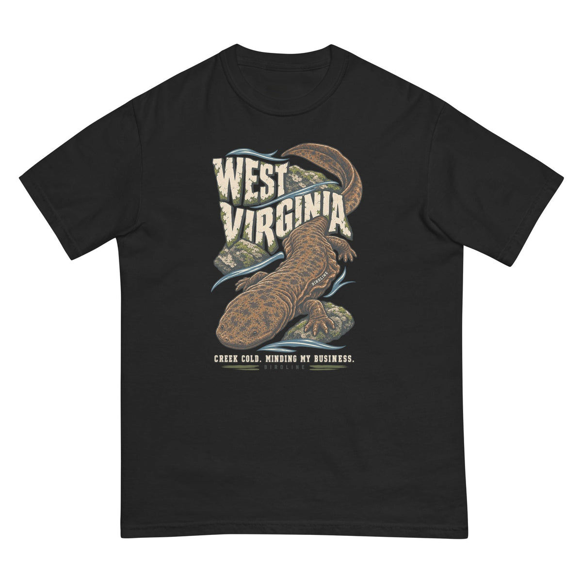 West Virginia Creek Cold Minding My Business Hellbender T-Shirt premium-quality garment detail