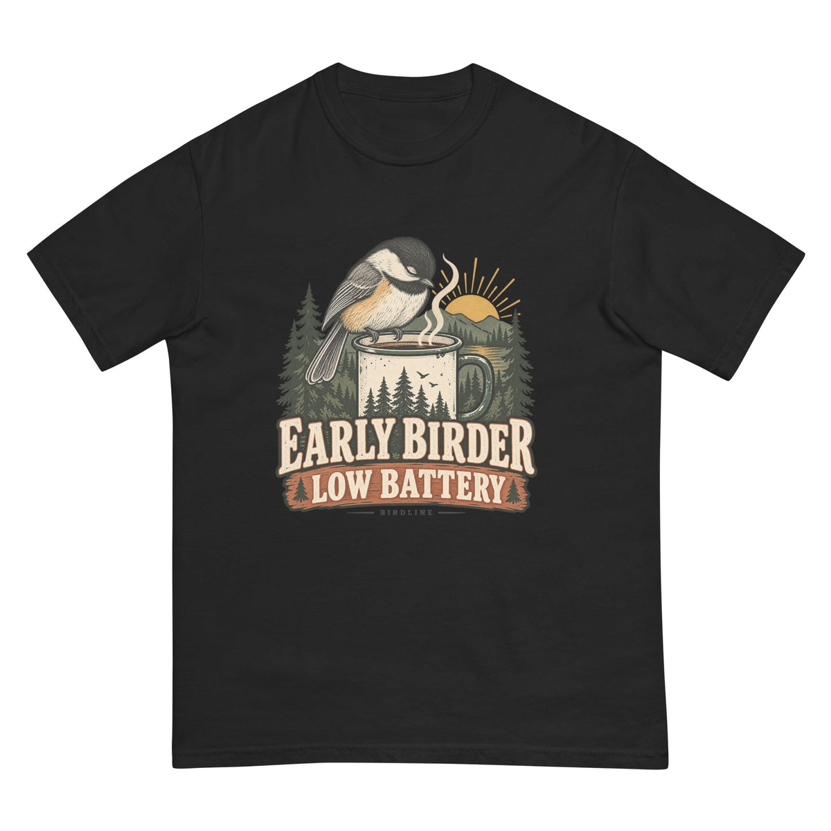 Early Birder. Low Battery. T-Shirt premium-quality garment detail