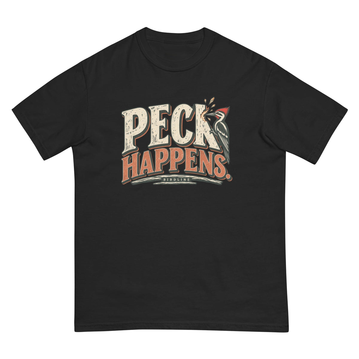 Peck Happens. T-Shirt premium-quality garment detail