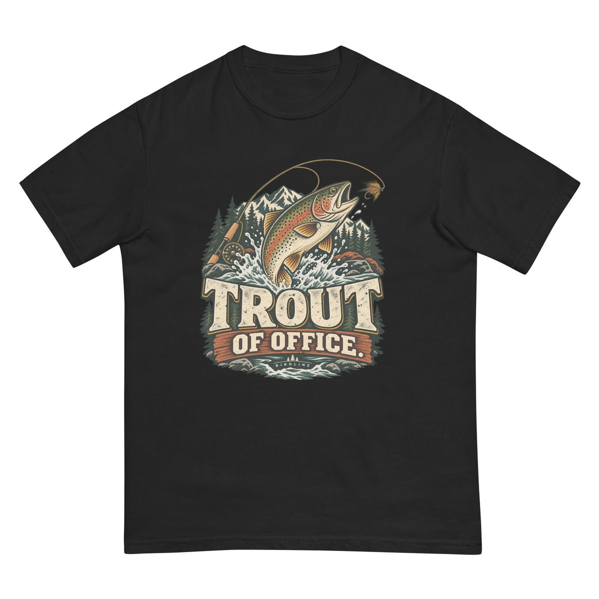 Trout of Office Fly Rod T-Shirt premium-quality garment detail