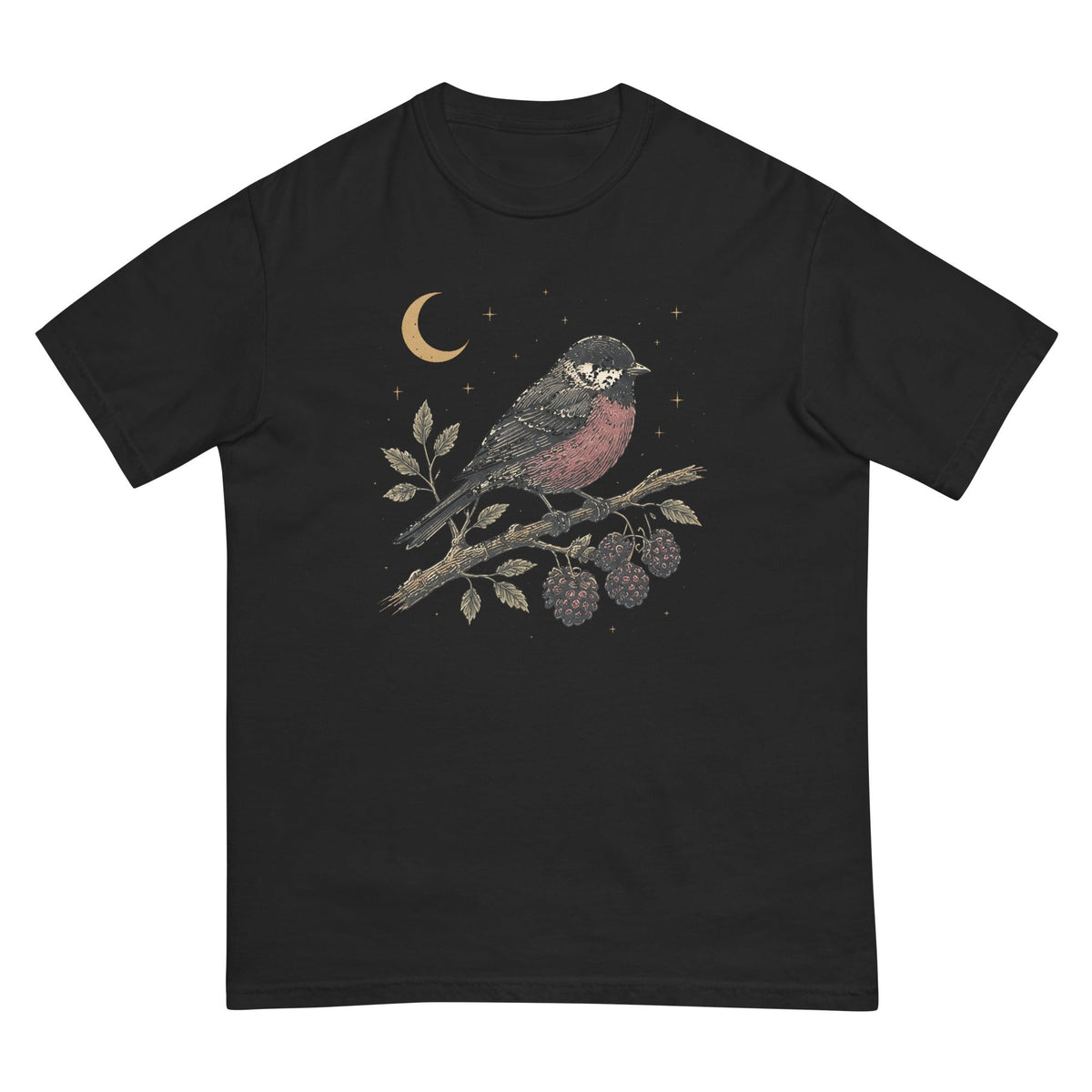 Chickadee and Brambles T-shirt premium-quality garment detail