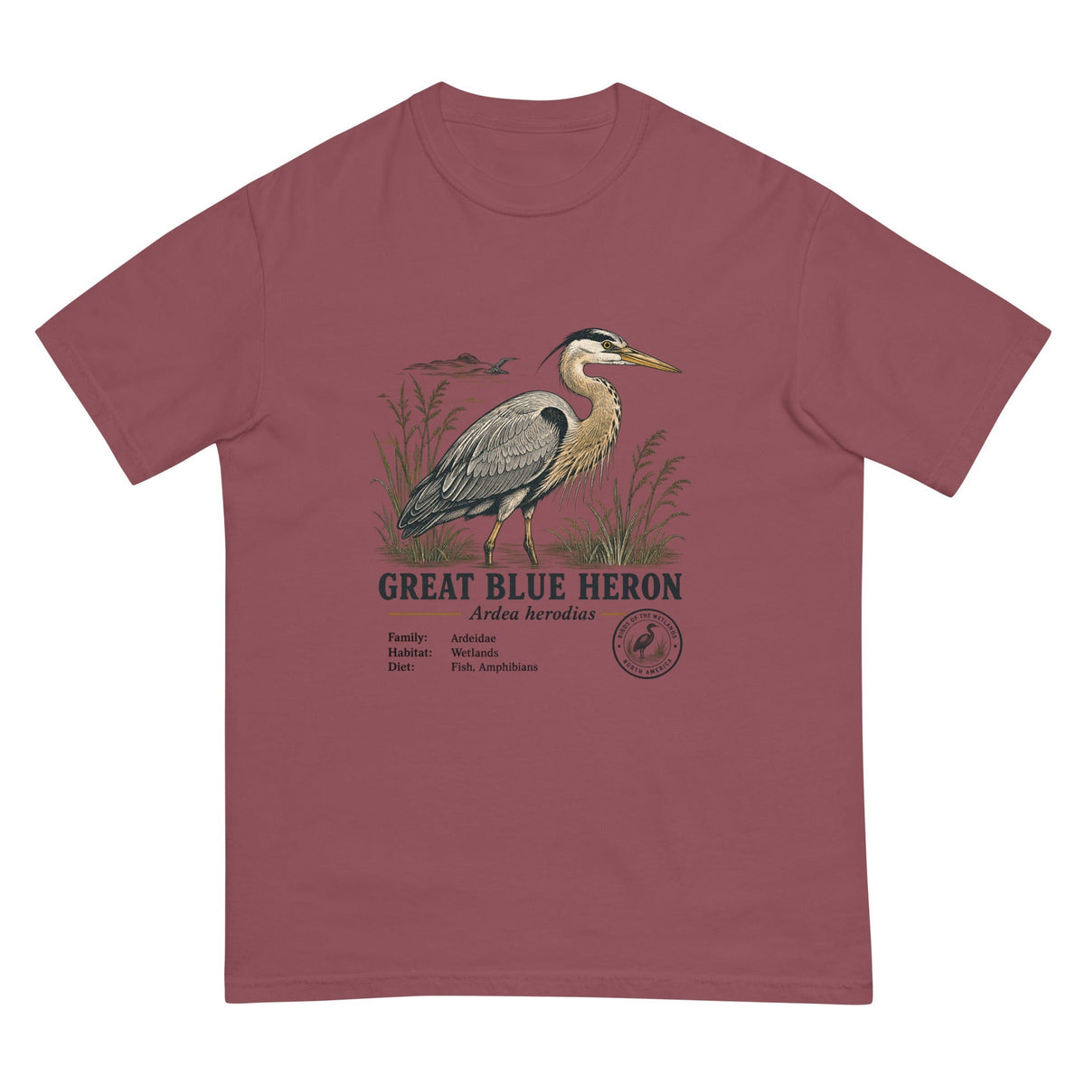 Great Blue Heron Field Guide T-Shirt premium-quality garment detail