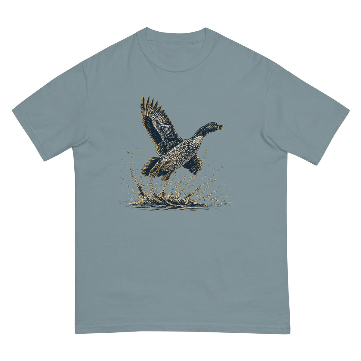 Duck Taking Off T-shirt premium-quality garment detail