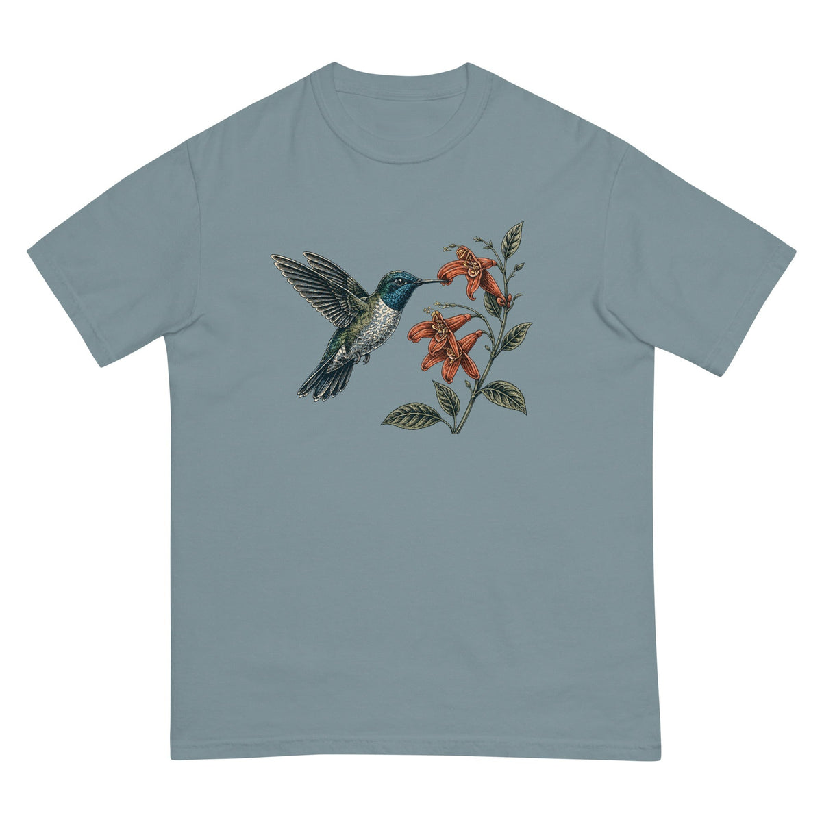 Hummingbird and Trumpet Creeper T-shirt premium-quality garment detail