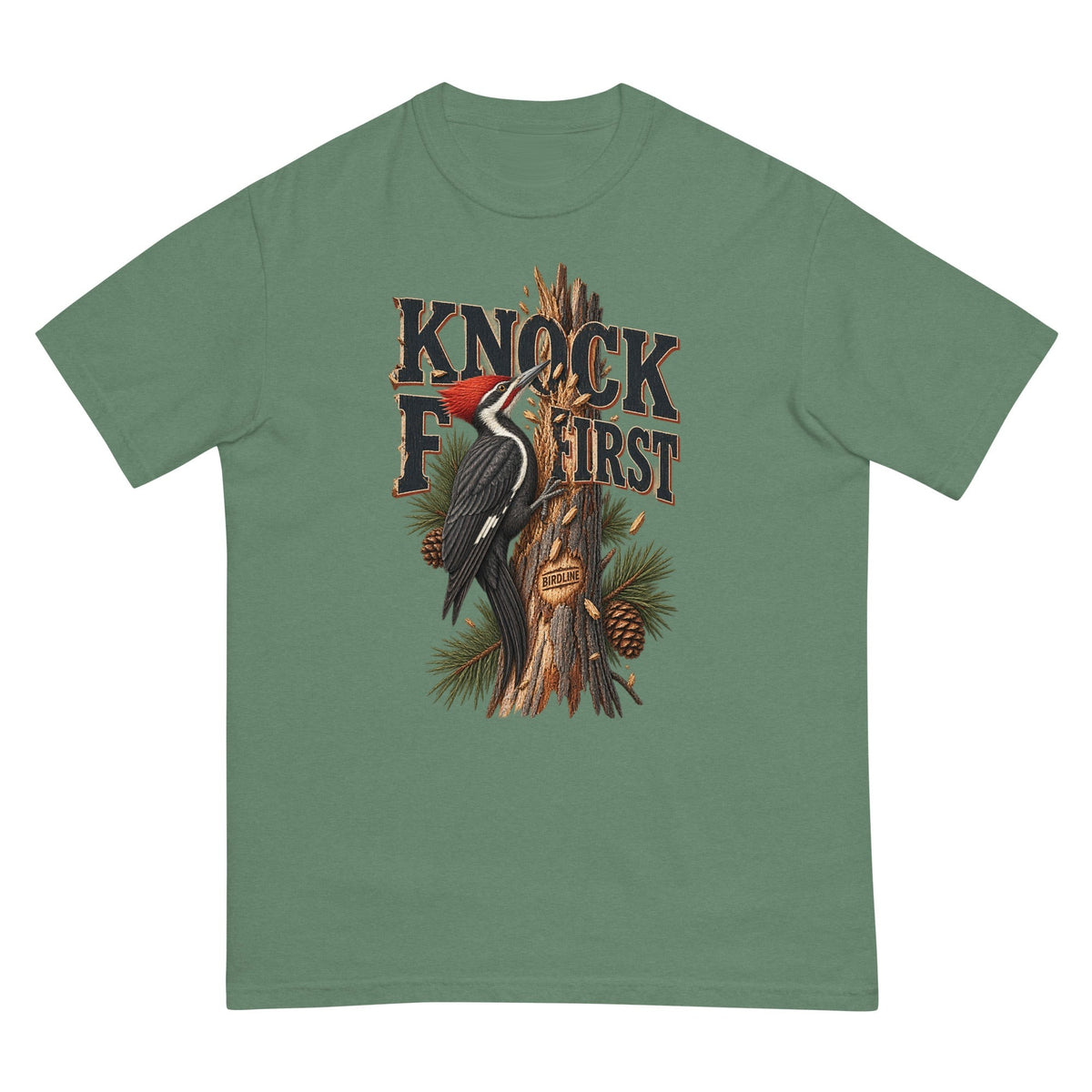 Knock First Woodpecker T-Shirt premium-quality garment detail