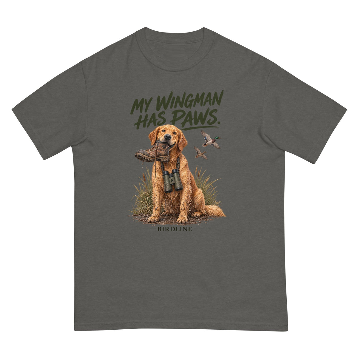 My Wingman Has Paws Dog T-Shirt premium-quality garment detail