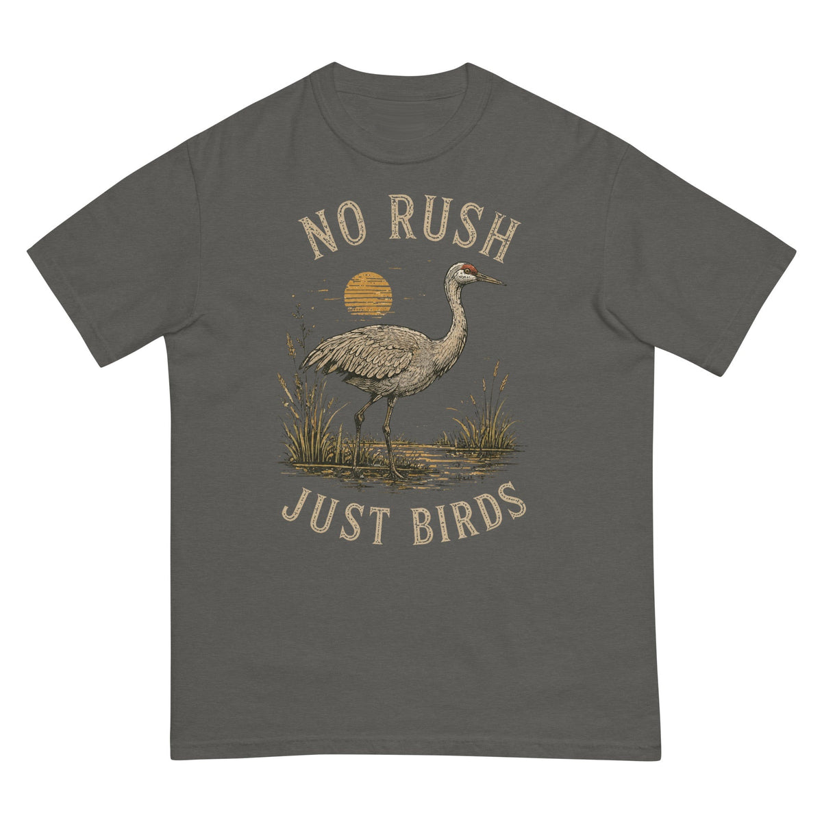 No Rush Just Birds Crane T-shirt premium-quality garment detail