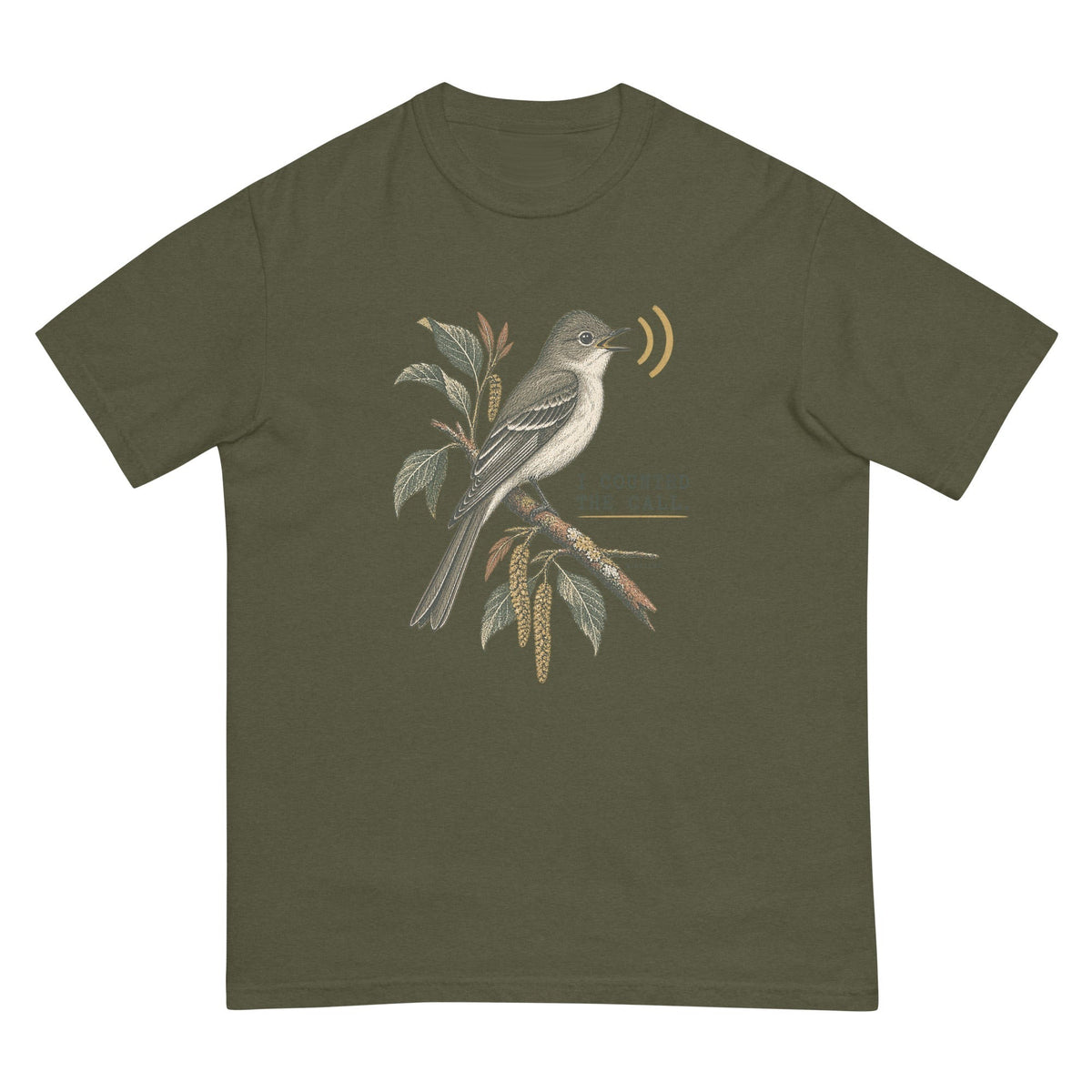 I Counted the Call Songbird T-Shirt – Perched premium-quality garment detail