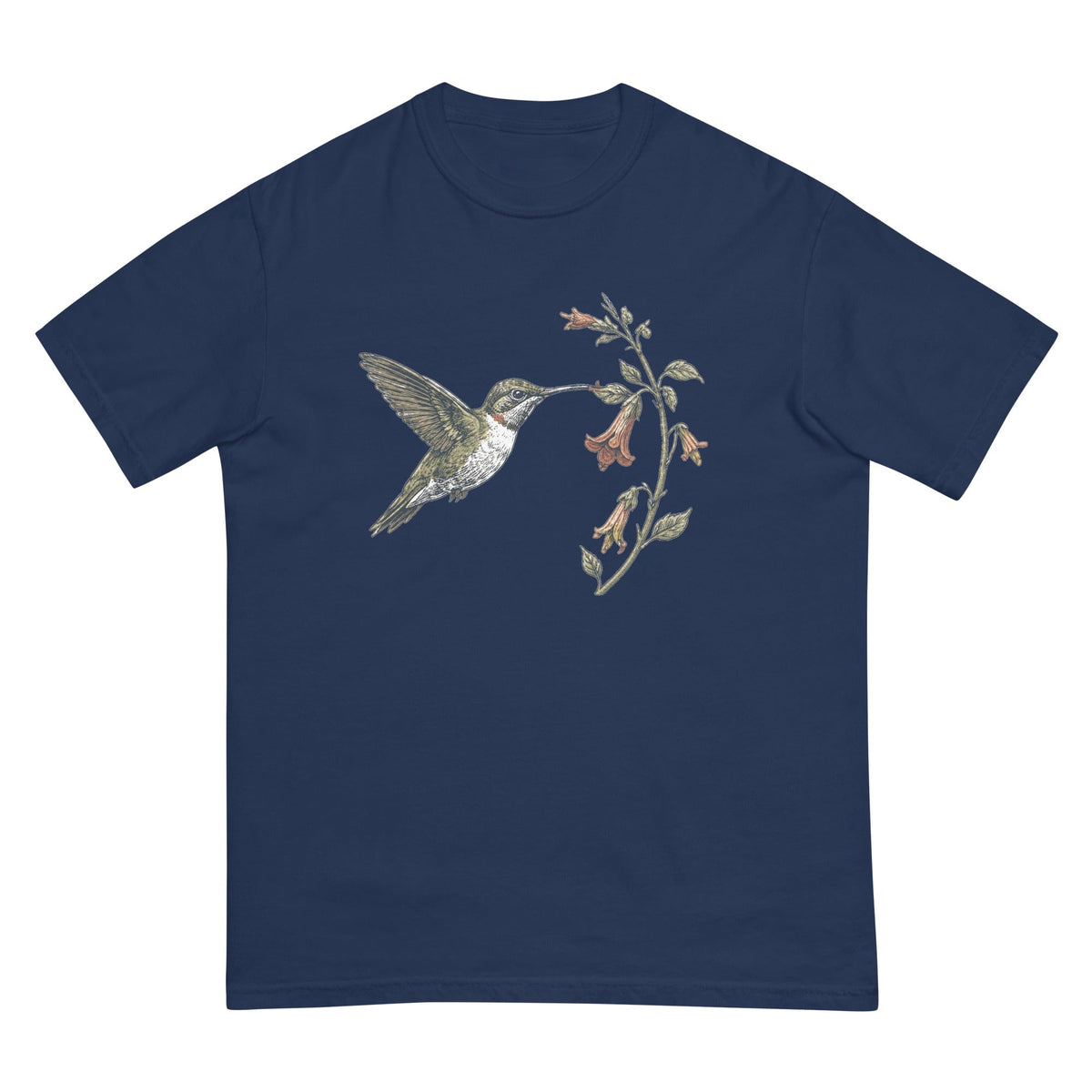 Hummingbird and Trumpet Flower T-shirt premium-quality garment detail