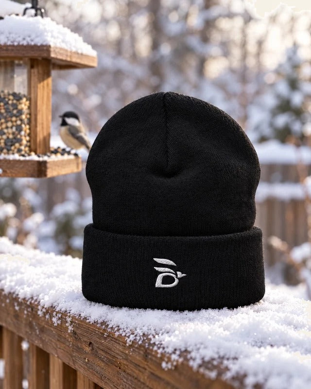 Birdline Logo Cuffed Beanie in Black on a snowy deck rail beside a bird feeder with a chickadee