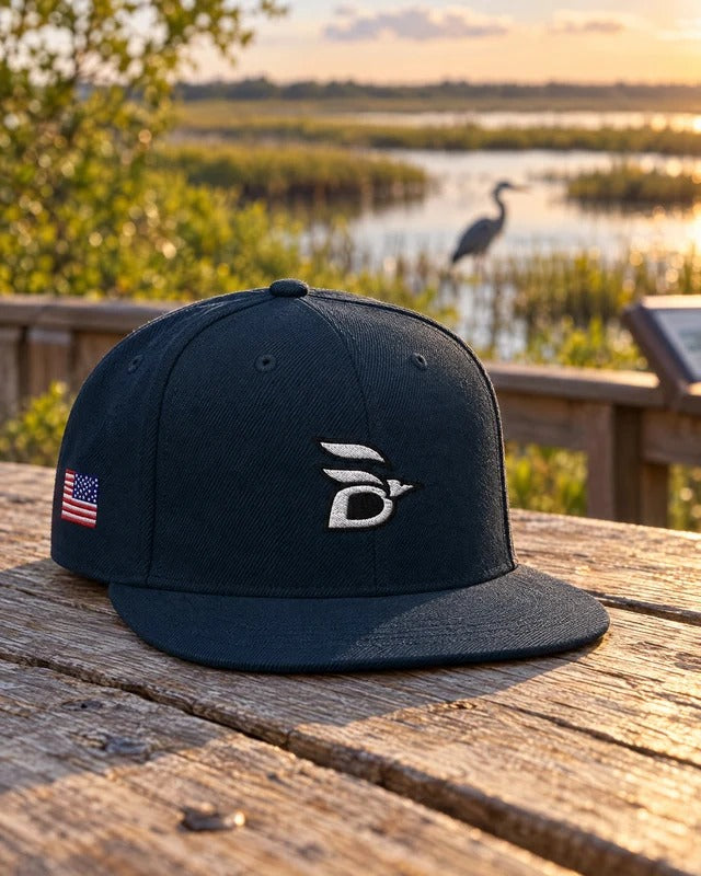 Birdline Logo Flag Snapback Hat in Navy on a boardwalk rail, with a heron in the marsh behind