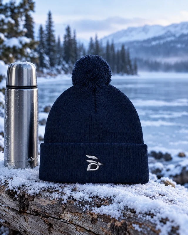 Birdline Logo Pom-Pom Beanie in Navy on a snowy log by a mountain lake, next to a thermos
