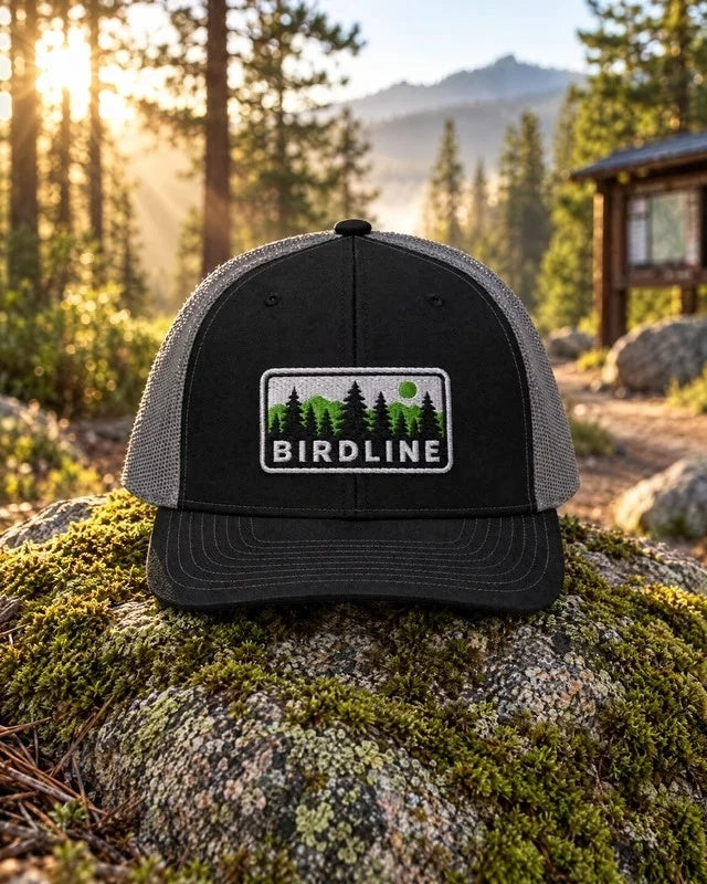 Birdline Pine Ridge Trucker Hat in Black/Charcoal on a mossy rock in a pine forest