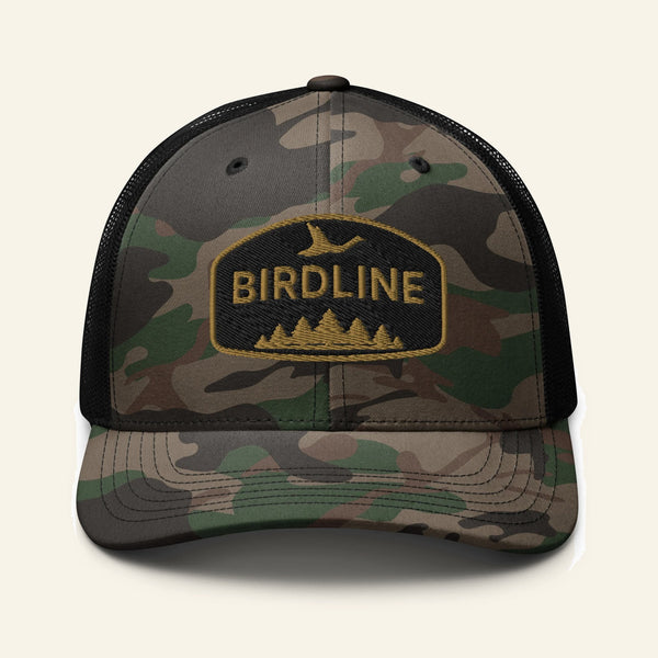 Birdline Pinewood Flight Camo Trucker Hat in Camo/Black, front view
