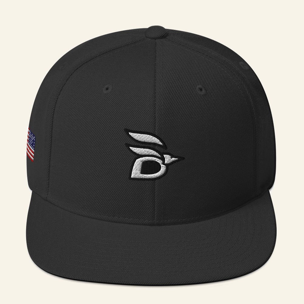 Birdline Logo Flag Snapback Hat in Black, front view