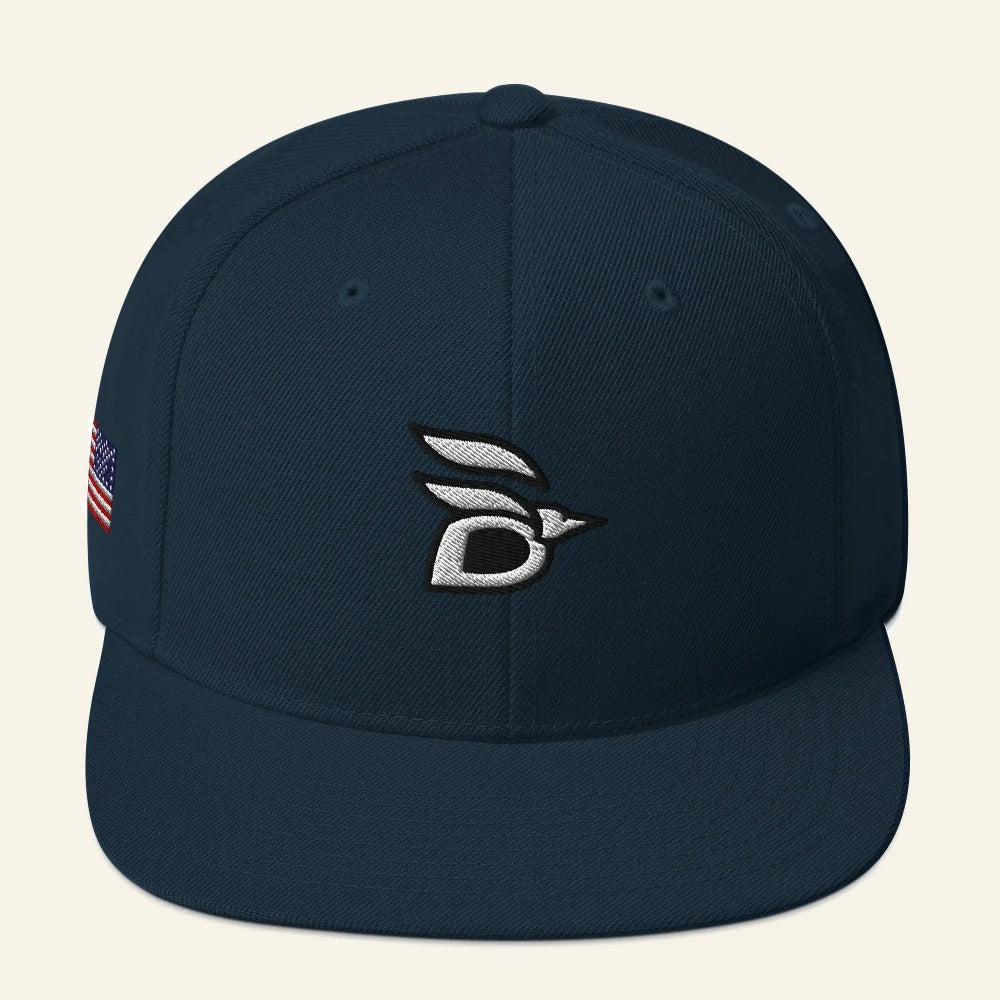 Birdline Logo Flag Snapback Hat in Dark Navy, front view premium-quality garment detail