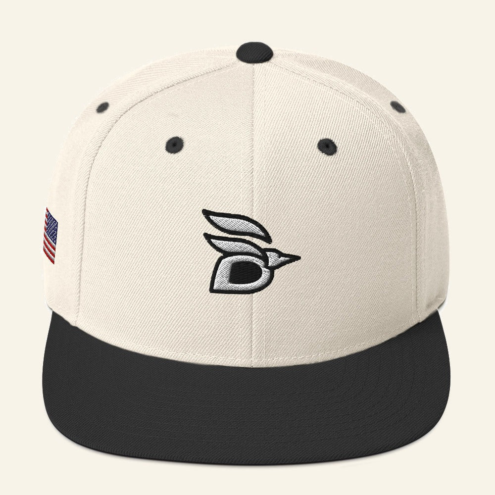 Birdline Logo Flag Snapback Hat in Natural/Black, front view