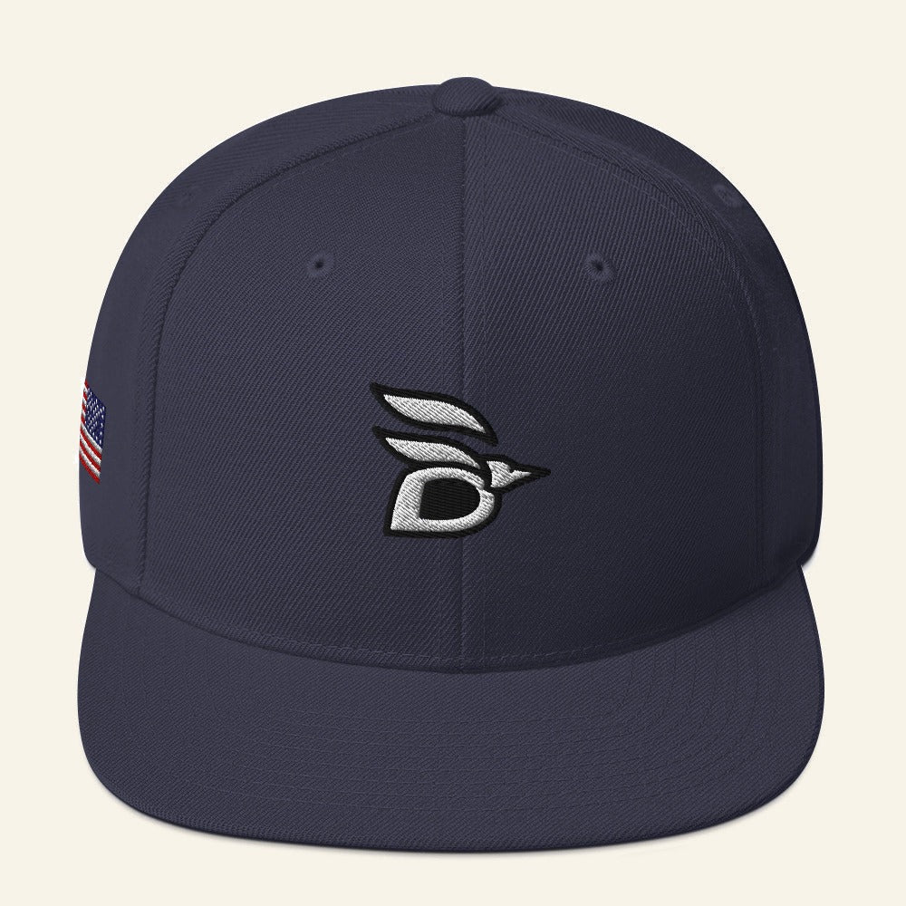 Birdline Logo Flag Snapback Hat in Navy, front view