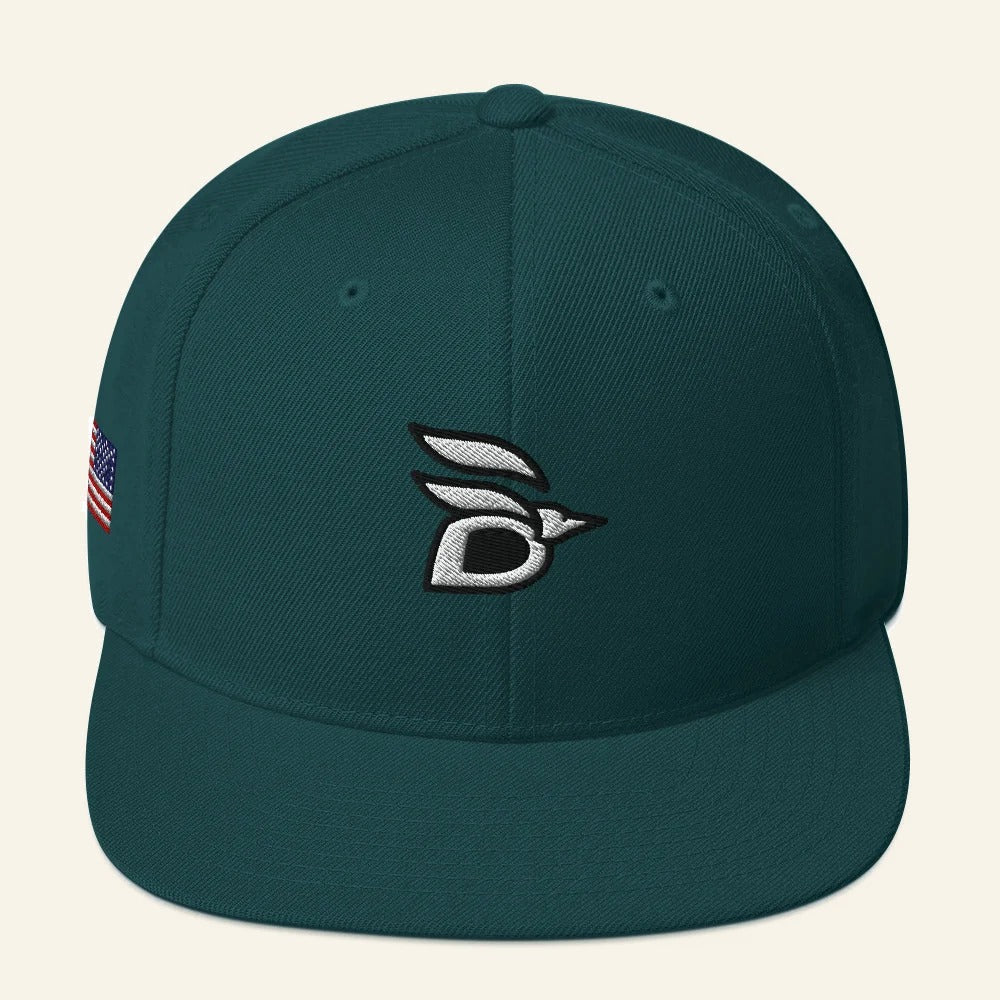 Birdline Logo Flag Snapback Hat in Spruce, front view