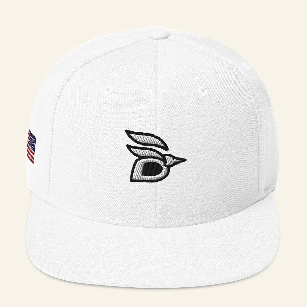 Birdline Logo Flag Snapback Hat in White, front view