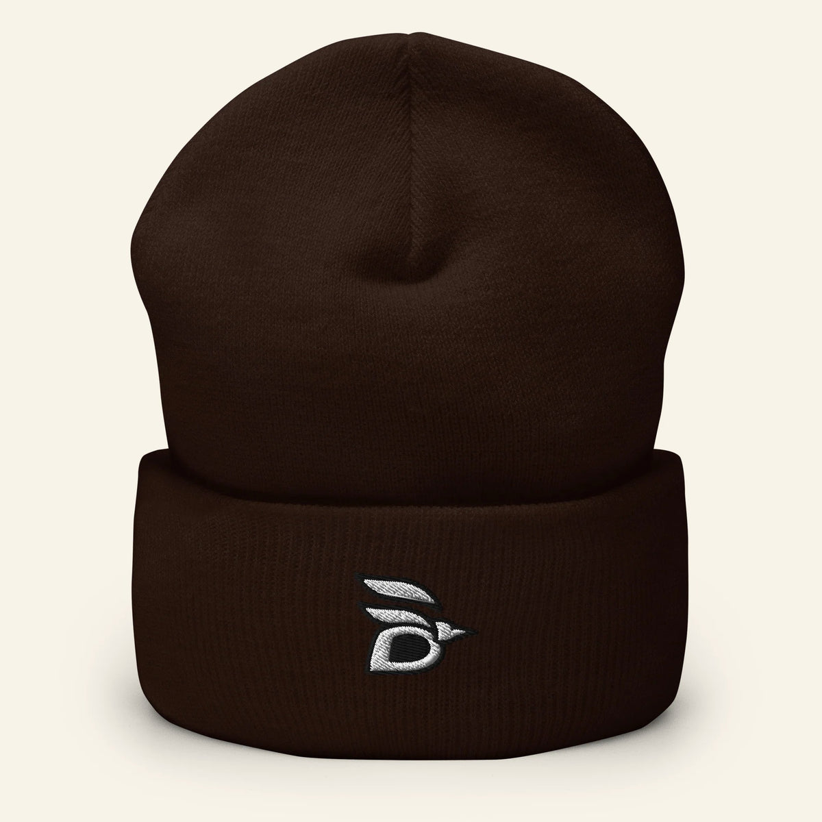 Birdline Logo Cuffed Beanie in Brown, front view