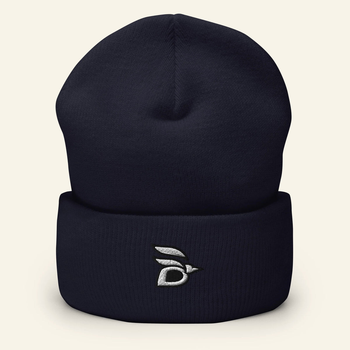 Birdline Logo Cuffed Beanie in Navy, front view
