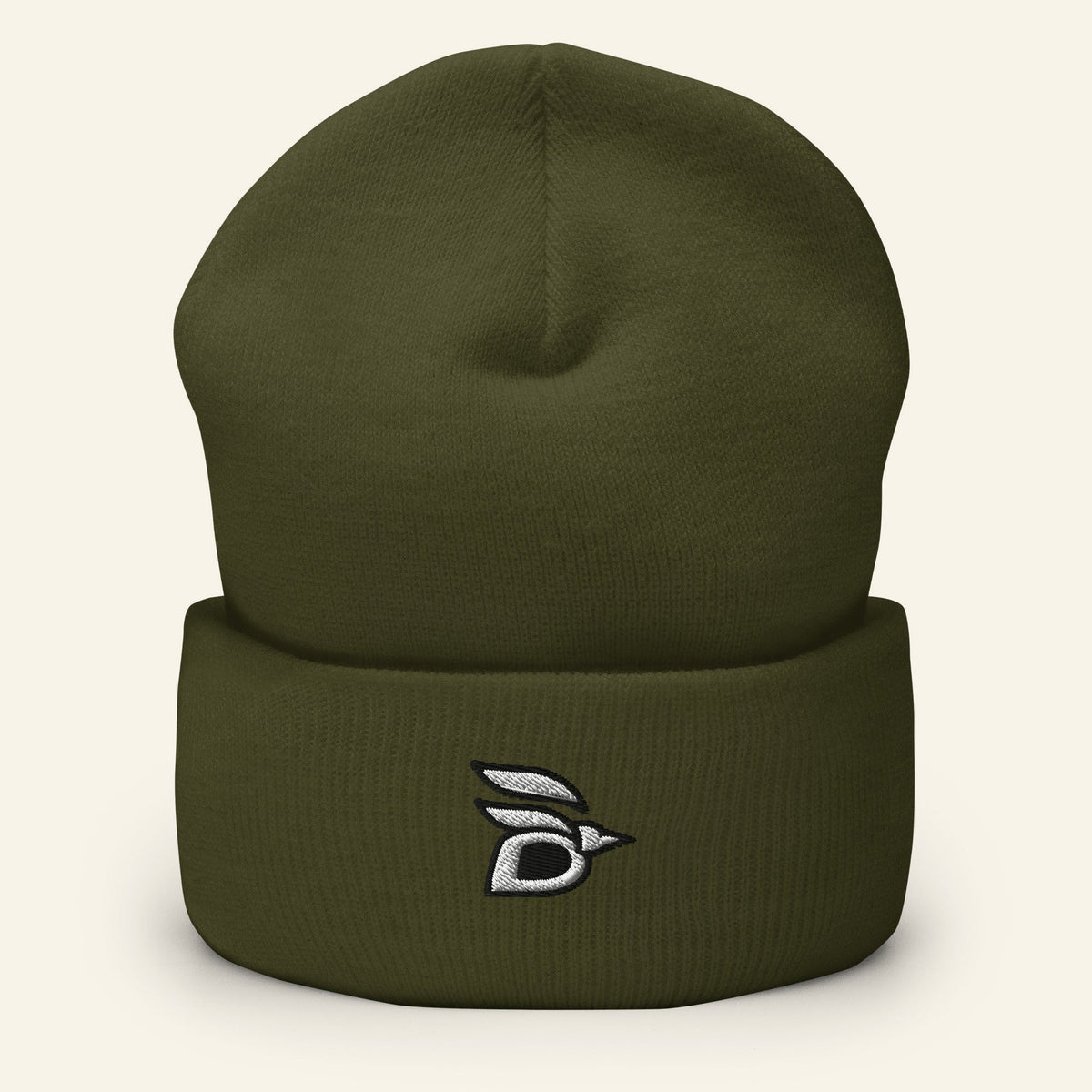 Birdline Logo Cuffed Beanie in Olive, front view