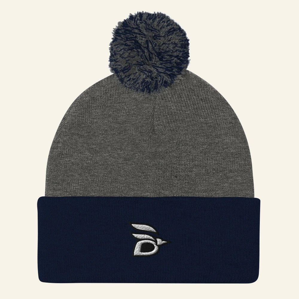 Birdline Logo Pom-Pom Beanie in Dark Heather Grey/Navy, front view