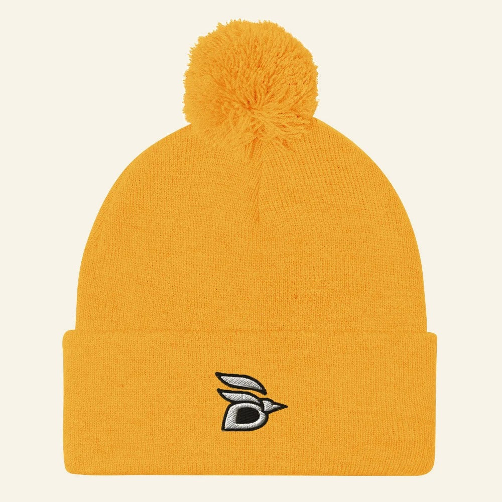 Birdline Logo Pom-Pom Beanie in Gold, front view