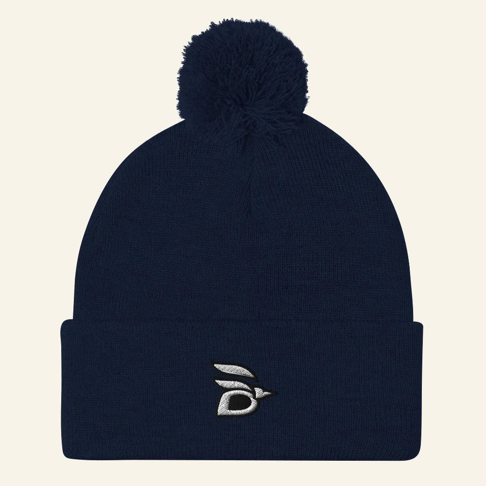 Birdline Logo Pom-Pom Beanie in Navy, front view