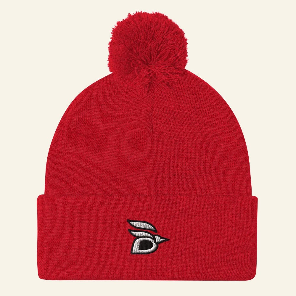 Birdline Logo Pom-Pom Beanie in Red, front view