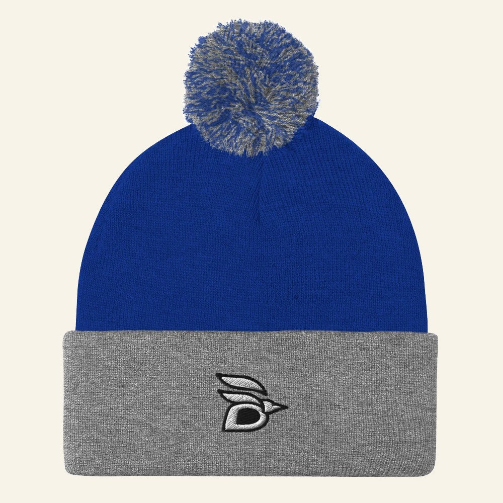 Birdline Logo Pom-Pom Beanie in Royal/Heather Grey, front view