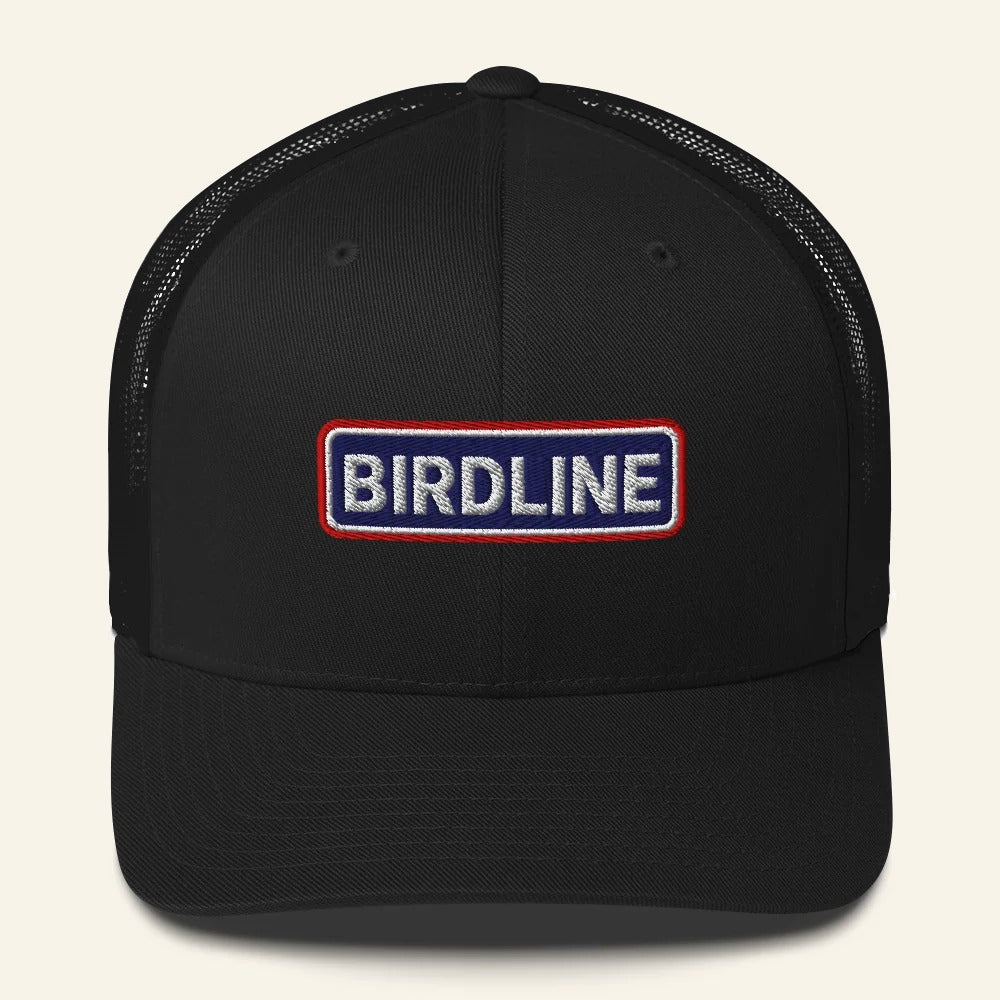 Birdline Heritage Bar Trucker Hat in Black, front view