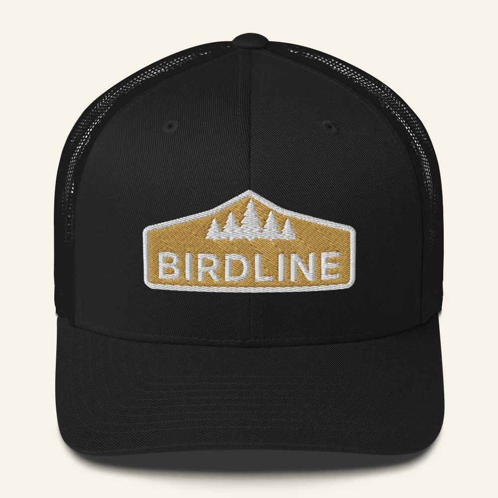 Birdline Golden Treeline Trucker Hat in Black, front view premium-quality garment detail